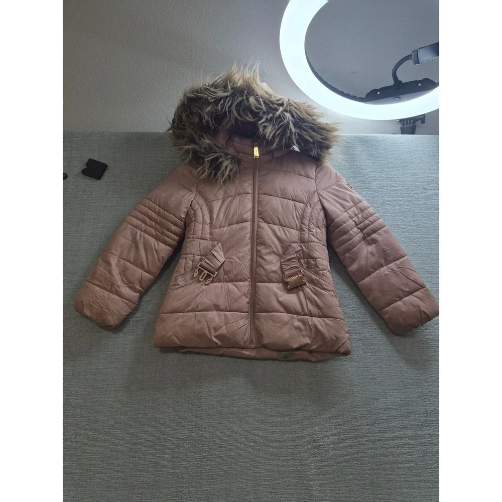 Michael Kors Puffer Jacket Girls Small Pink Faux Fur Hooded Full Zip Winter